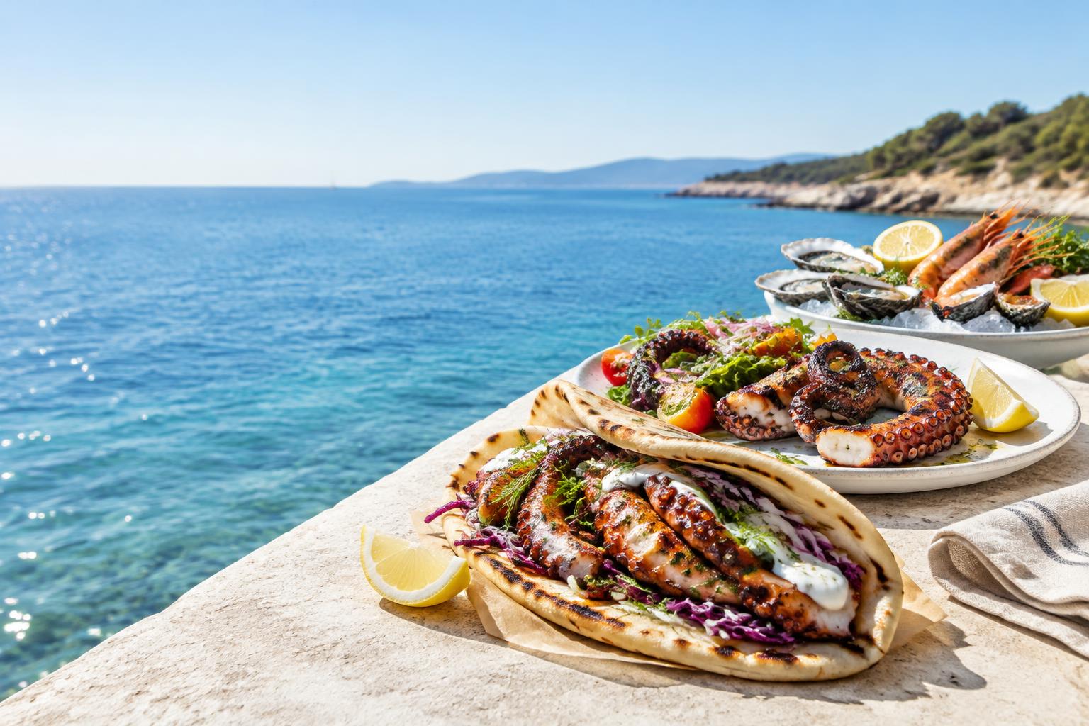 Projection culinaire : kebab de poulpe, assiette et fruits de mer au bord de la Méditerranée